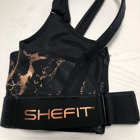 SHEFIT Flex Sports Bra Zip Front Medium Impact Black & Rose Gold Size M - Picture 4 of 7